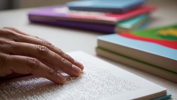 Close-up photo of fingers gently touching and reading Braille text on a textured surface.